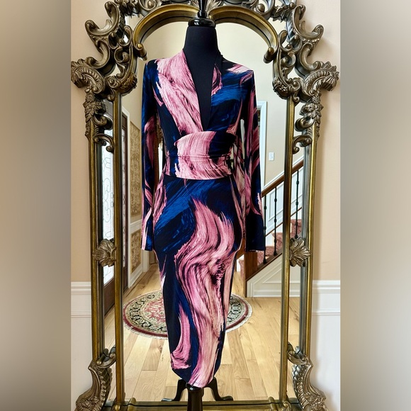 Artistic Side Mauve/Navy Abstract Long Sleeve Midi Dress (New without Tag) - Picture 4 of 12